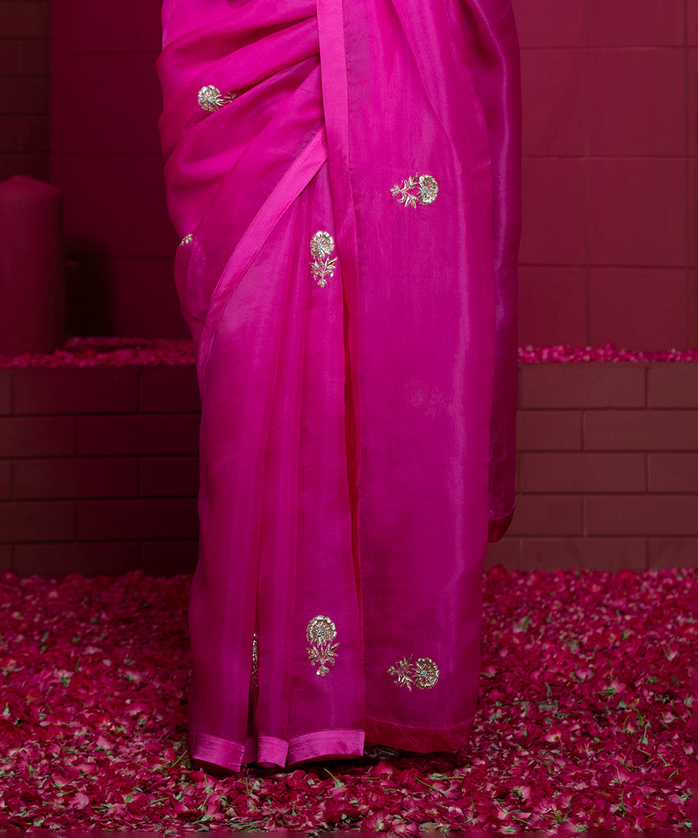 Hot_Pink_Handloom_Embroidered_Organza_Saree_With_Raw_Silk_Sleeveless_Blouse_WeaverStory_04