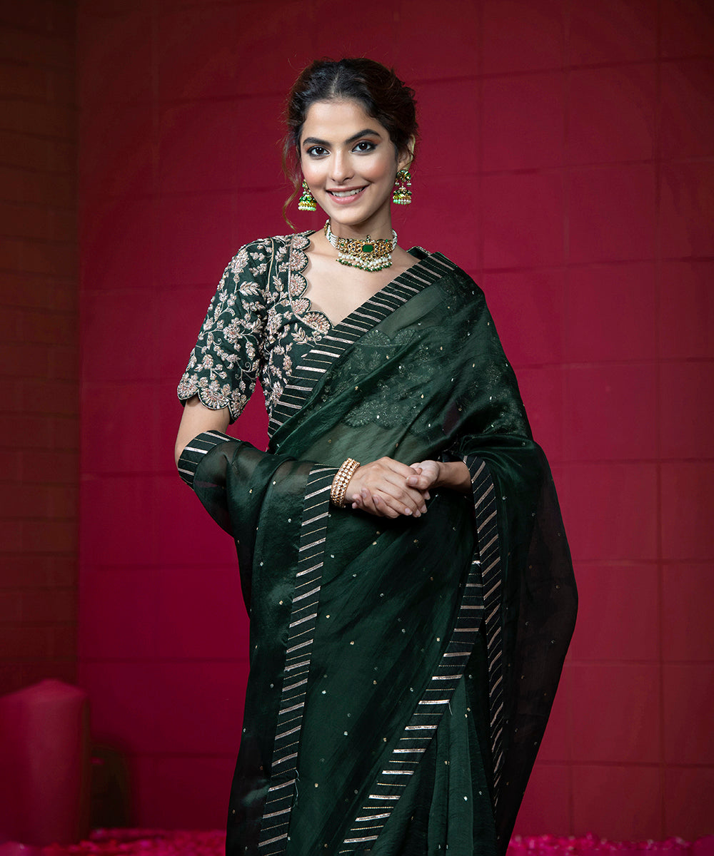 Handloom_Deep_Green_Organza_Gota_Patti_Saree_with_Scalloped_Raw_Silk_Blouse_WeaverStory_01