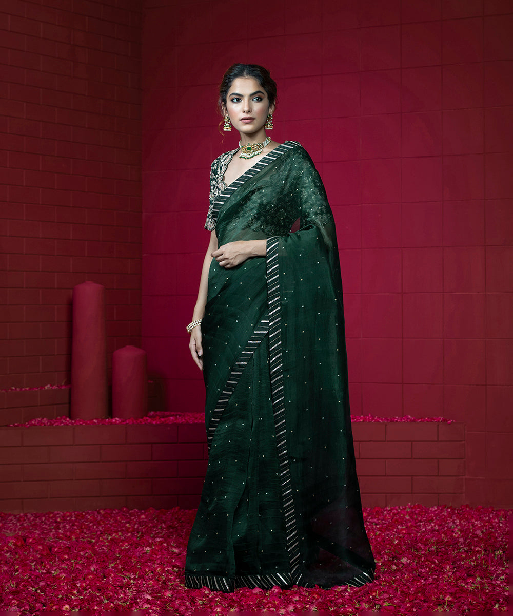 Handloom_Deep_Green_Organza_Gota_Patti_Saree_with_Scalloped_Raw_Silk_Blouse_WeaverStory_02