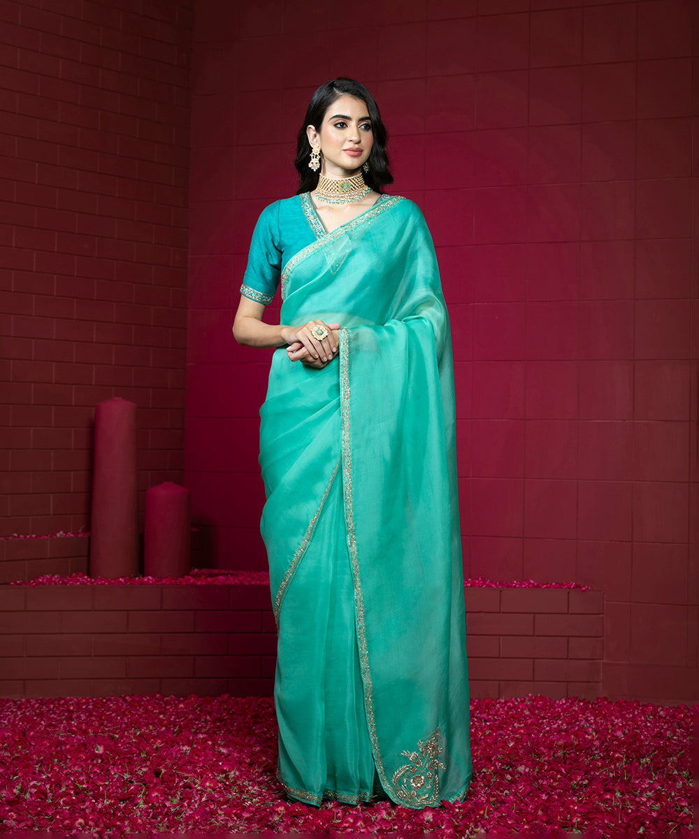 Handloom_Aqua_Blue_Organza_Saree_with_Embroidered_Motifs_And_Sea_Green_Raw_Silk_Blouse_WeaverStory_02