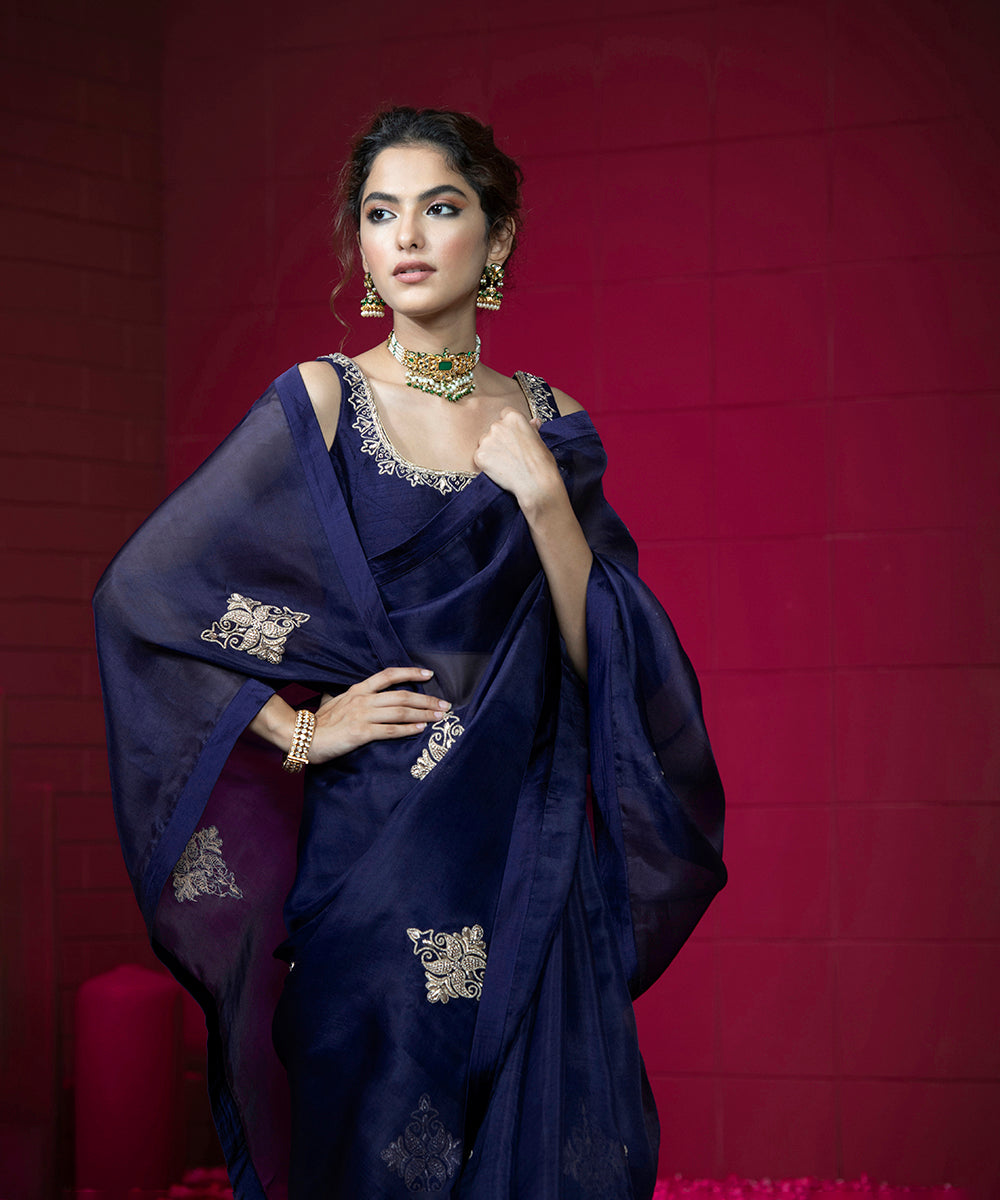 Midnight_Blue_Handloom_Organza_Saree_with_Raw_Silk_Blouse_WeaverStory_01