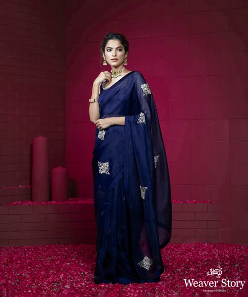 Organza Saree with blouse in Navy blue colour 1108