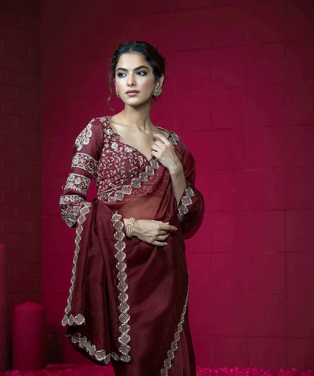 Handloom Maroon Embroidered Organza Saree With Raw Silk Blouse