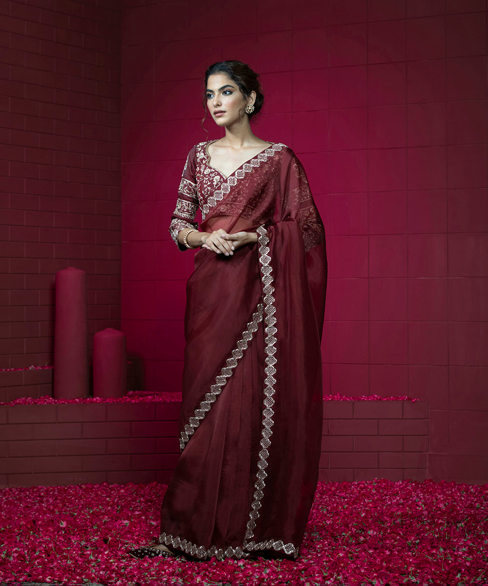 Handloom Maroon Embroidered Organza Saree With Raw Silk Blouse