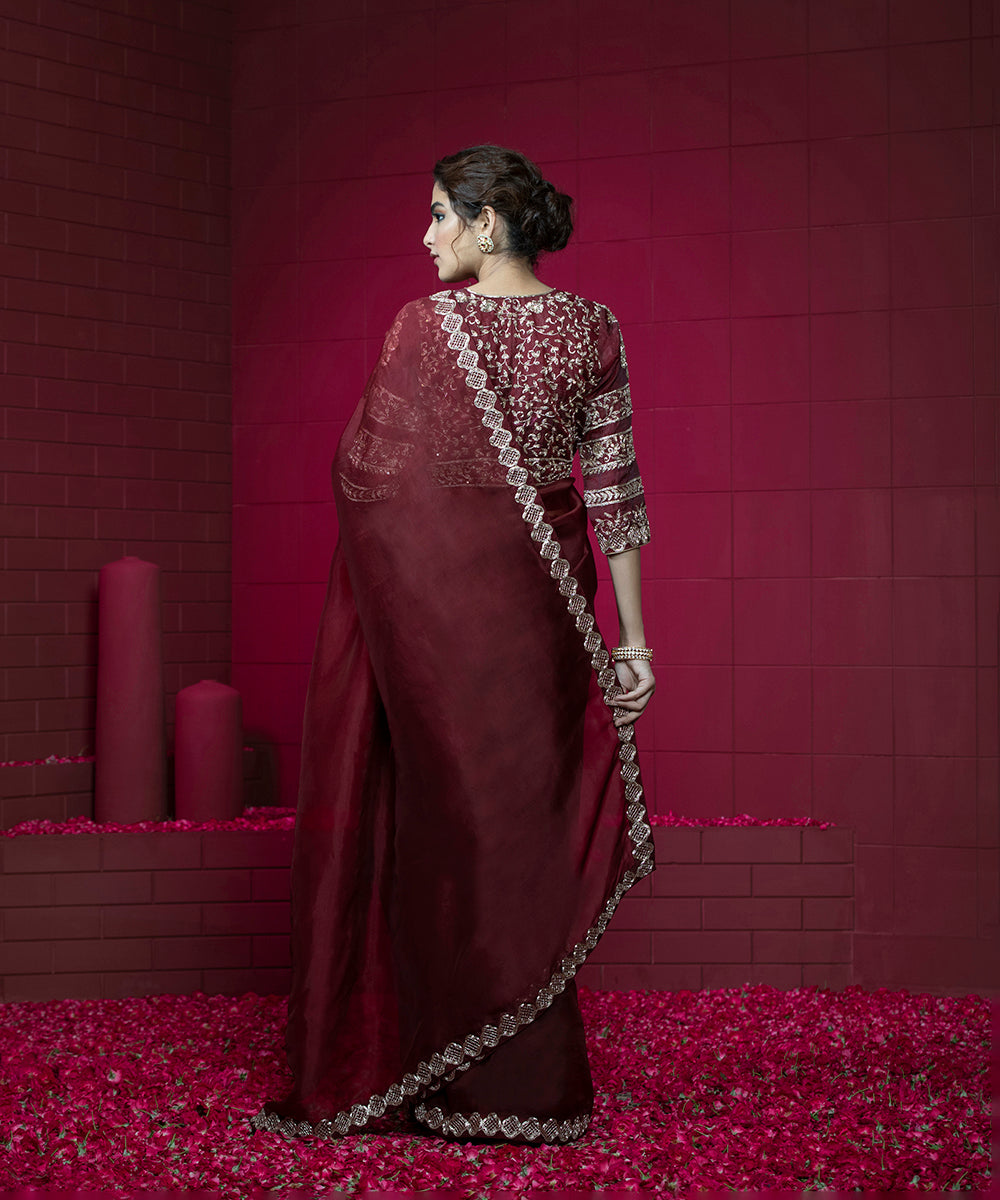 Handloom Maroon Embroidered Organza Saree With Raw Silk Blouse