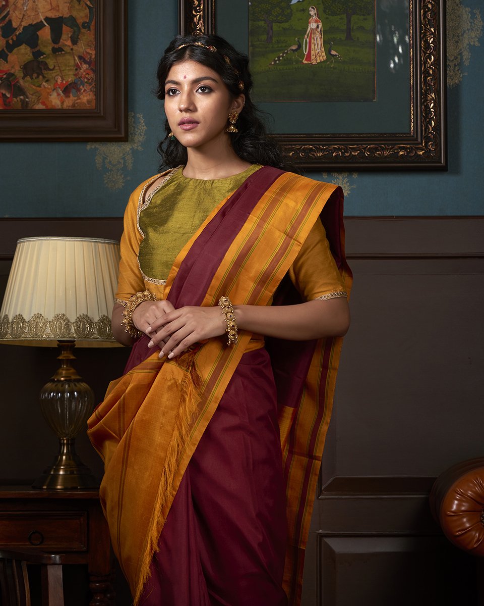 Maroon_Handloom_Kanjivaram_Silk_Saree_With_Yellow_Border_WeaverStory_01