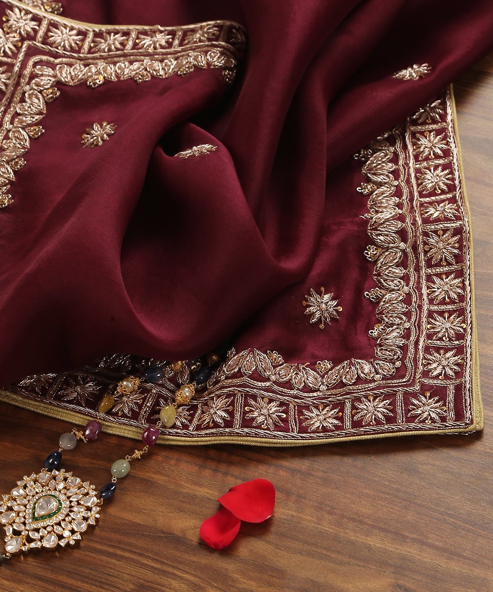 Wine_Handloom_Organza_Dupatta_with_Hand_Embroidery_Zardozi_Borders_WeaverStory_01