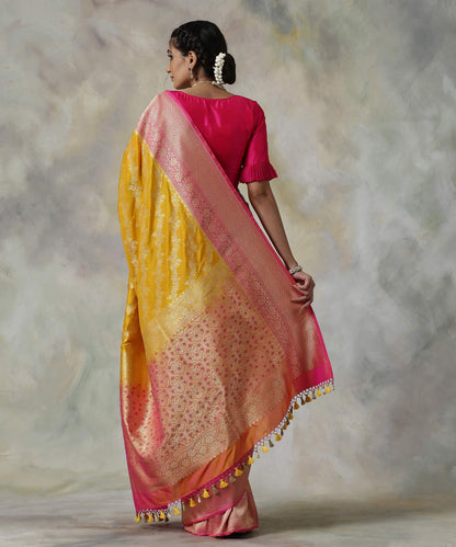 Mustard_Handloom_Banarasi_Katan_Silk_Saree_with_Floral_Jaal_and_Pink_Border_WeaverStory_03