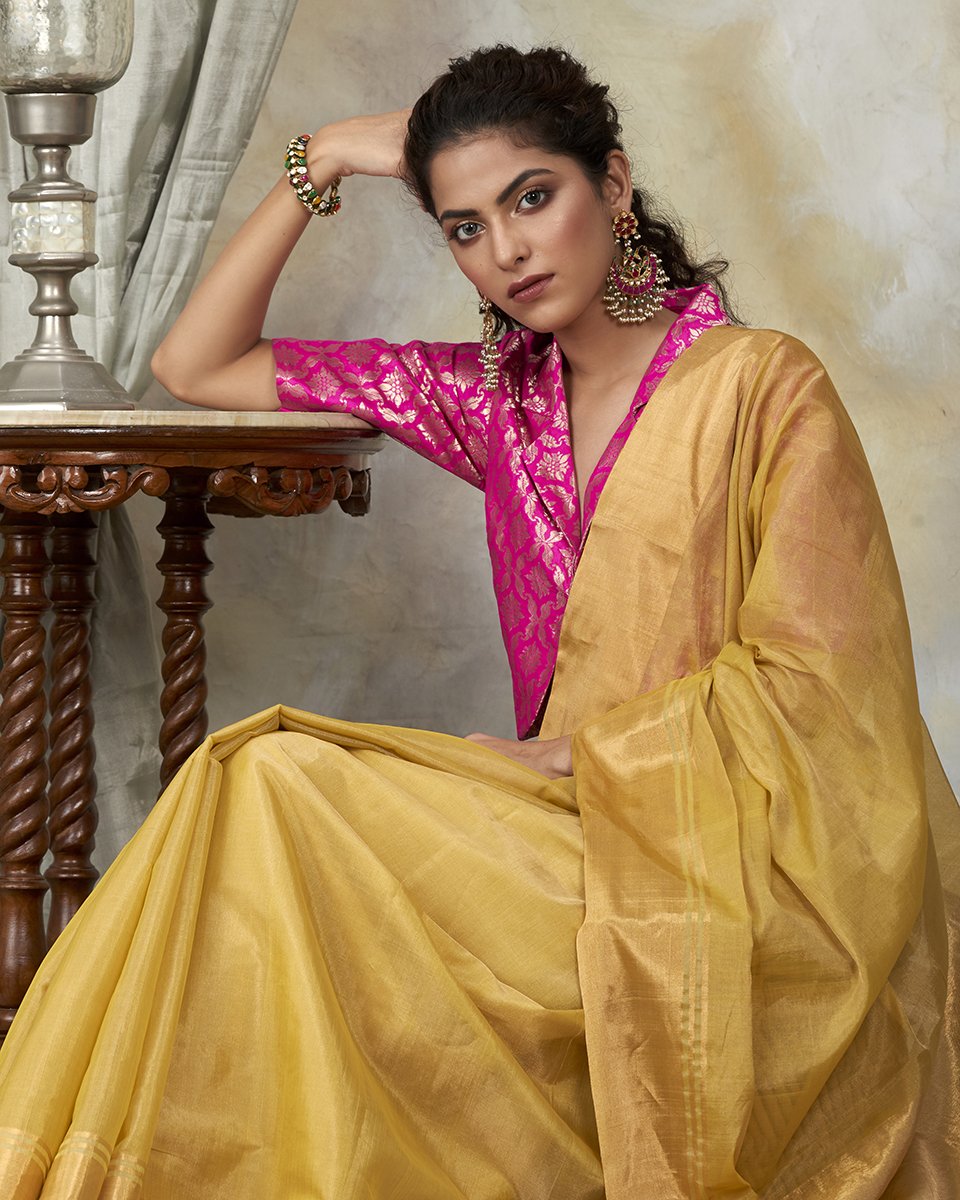 Mustard_Handloom_Tissue_Chanderi_Saree_With_4_Inch_Border_WeaverStory_01
