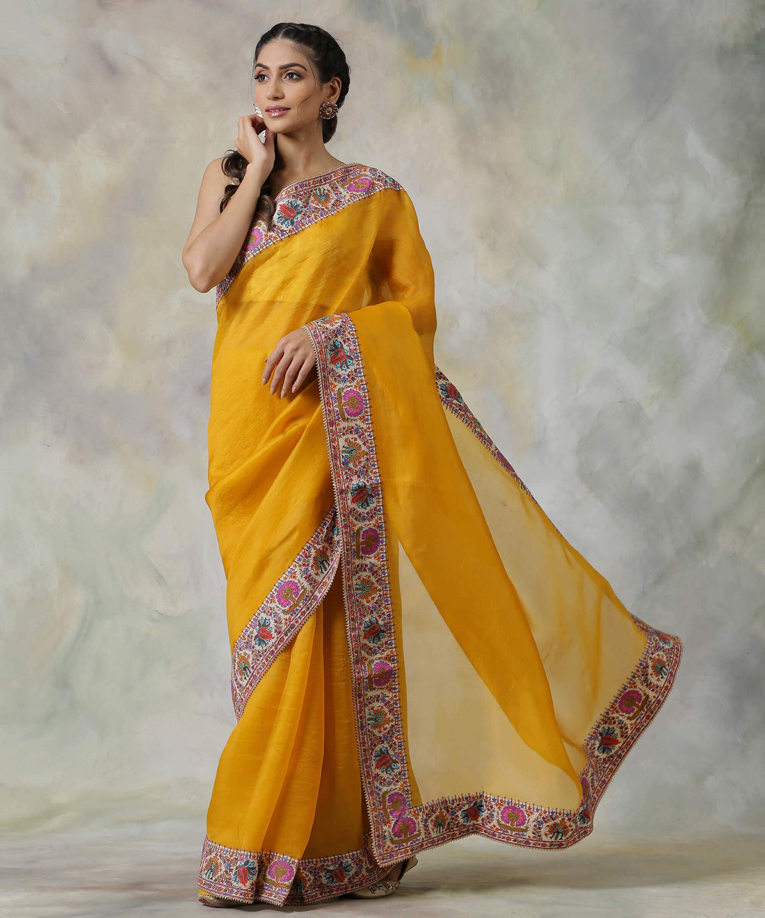 Mustard_Handloom_Organza_Saree_with_Hand_Appliqued_Sozni_Needle_Work_Border_WeaverStory_02