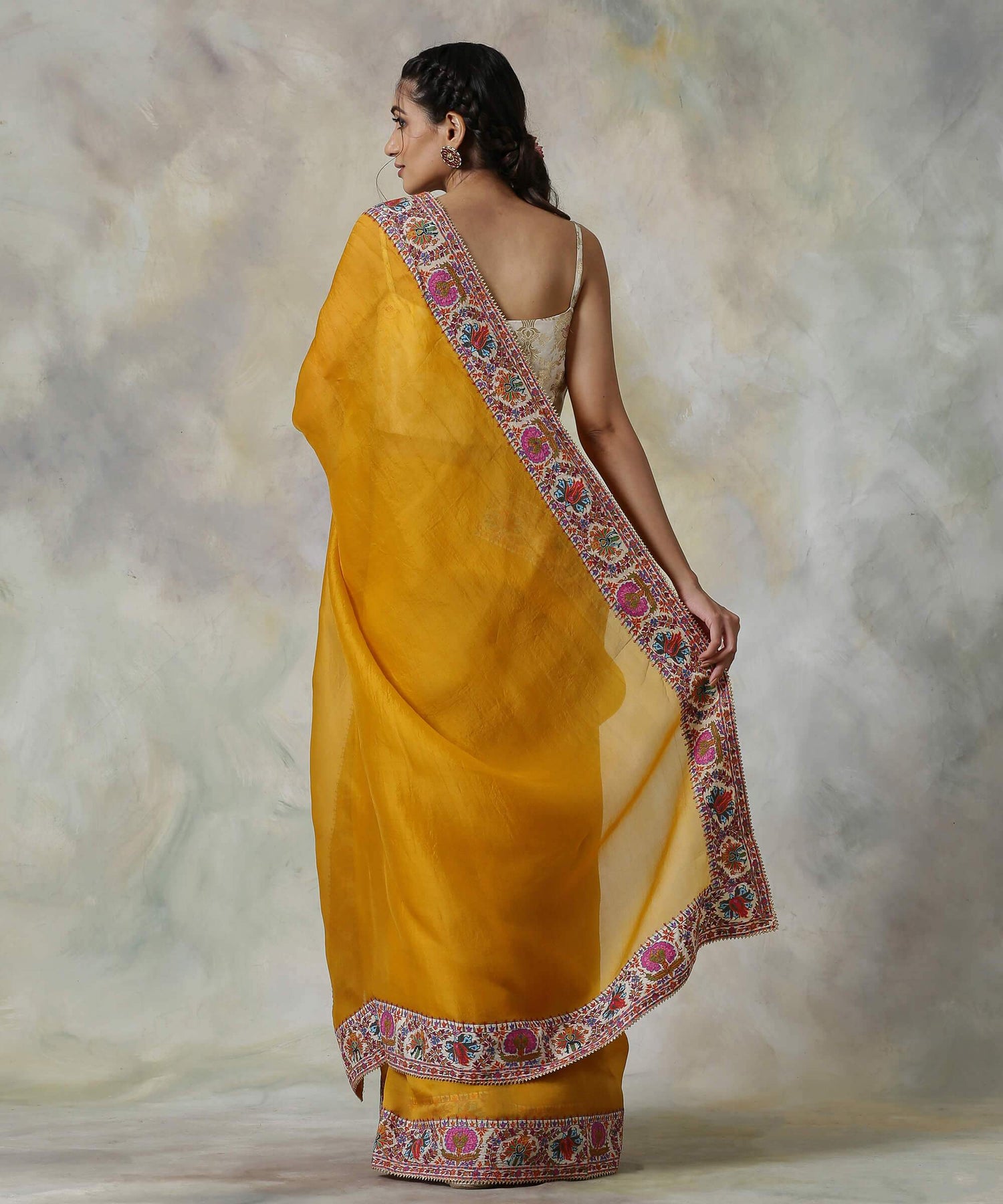 Mustard_Handloom_Organza_Saree_with_Hand_Appliqued_Sozni_Needle_Work_Border_WeaverStory_03