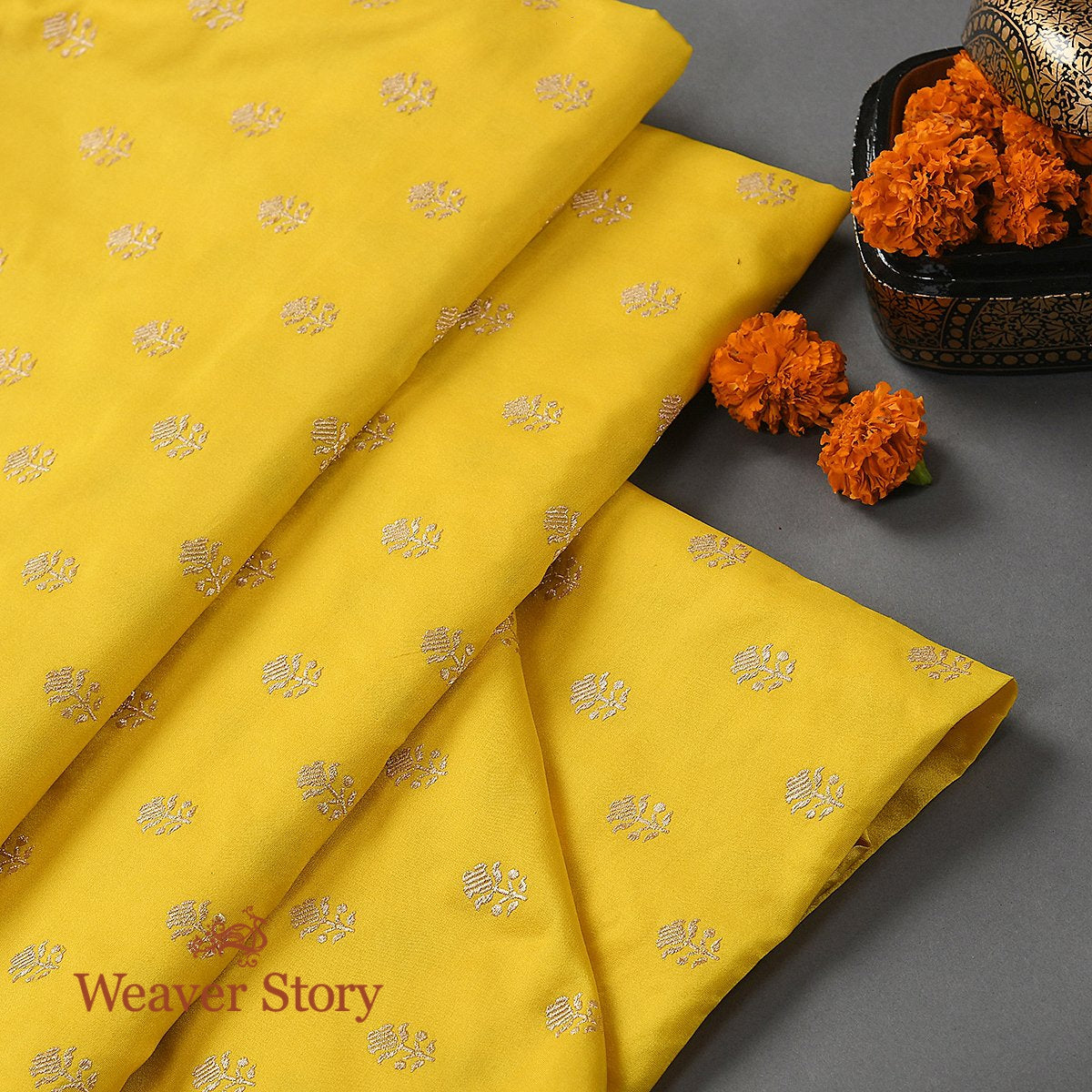 Handloom_Yellow_Leaf_Booti_Fabric_in_Katan_Silk_WeaverStory_01