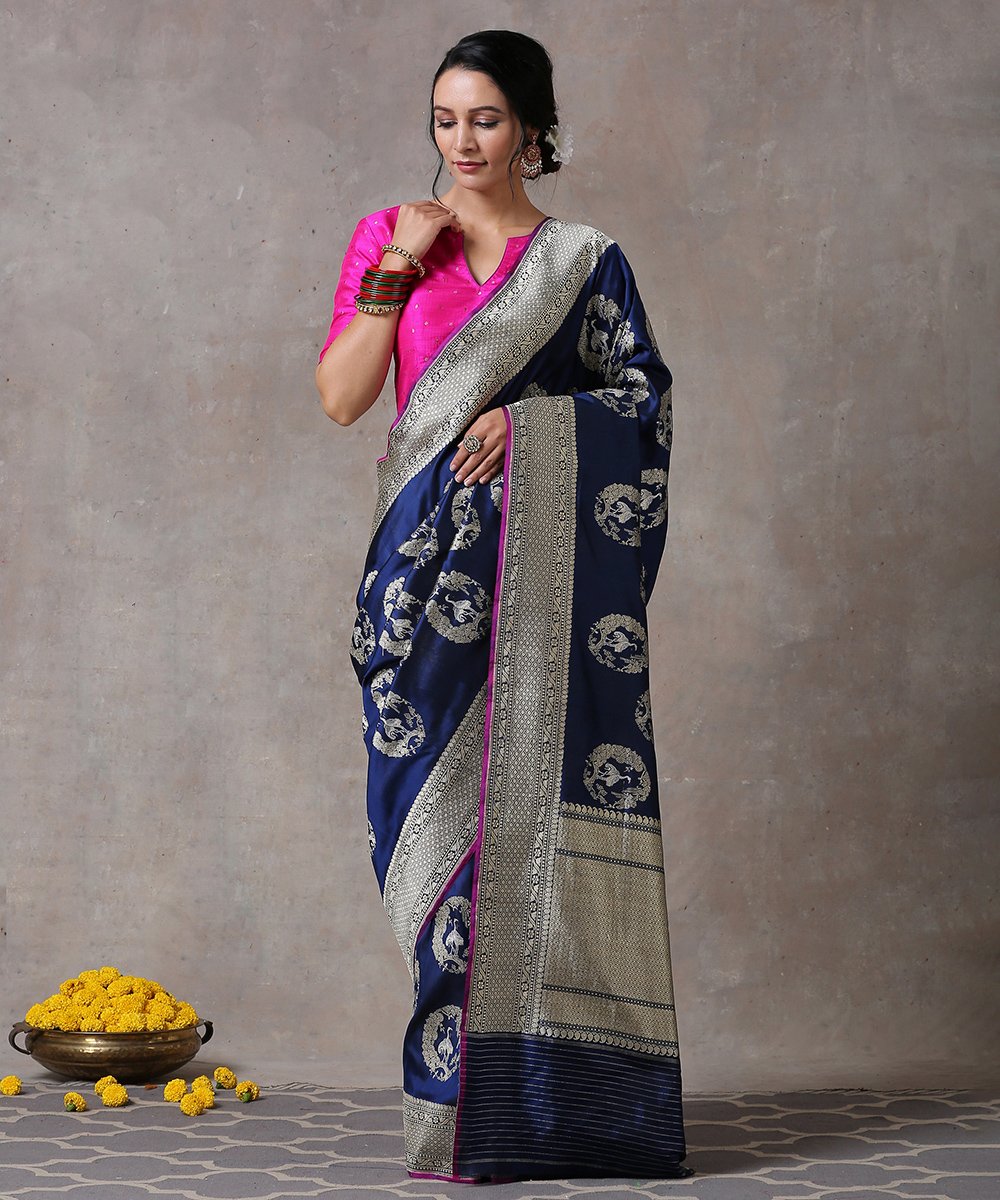 Navy_Blue_Handloom_Pure_Katan_Silk_Banarasi_Saree_with_Kadhwa_Crane_Motifs_and_Pink_Selvedge_WeaverStory_01