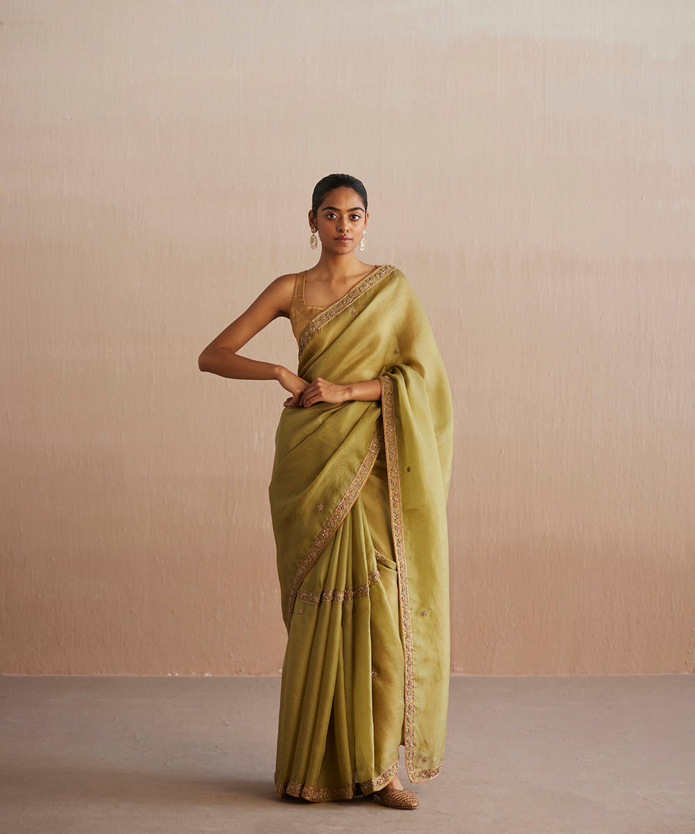 Handloom_Charteuse_Green_Organza_Saree_With_Embroidered_Zardozi_Floral_Border_WeaverStory_01