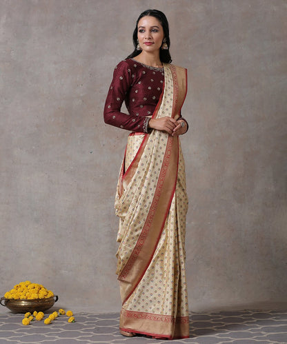 Offwhite_Handloom_Pure_Katan_Silk_Banarasi_Saree_With_Meenakari_Boota_and_Rust_Kadhiyal_Border_WeaverStory_02