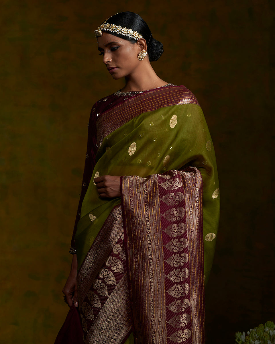 Olive_Green_Kora_Silk_Banarasi_Handloom_Saree_with_Wine_Katan_Silk_Border_WeaverStory_01