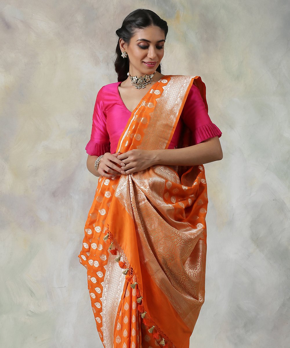 Orange_Handloom_Banarasi_Saree_With_All_Over_Floral_Booti_WeaverStory_01