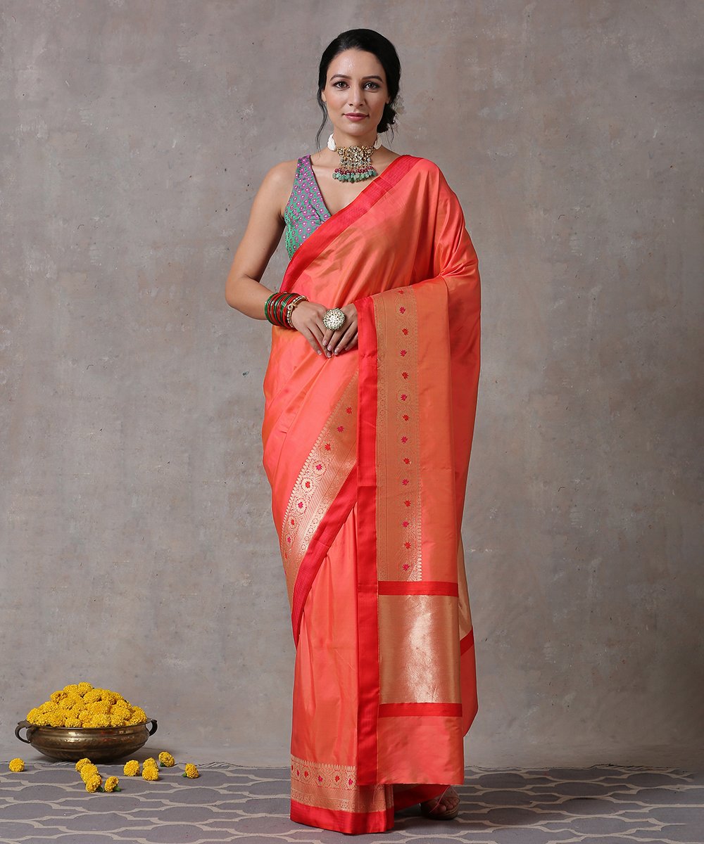 Orange_Handloom_Pure_Katan_Silk_Plain_Banarasi_Saree_With_Red_Border_WeaverStory_01
