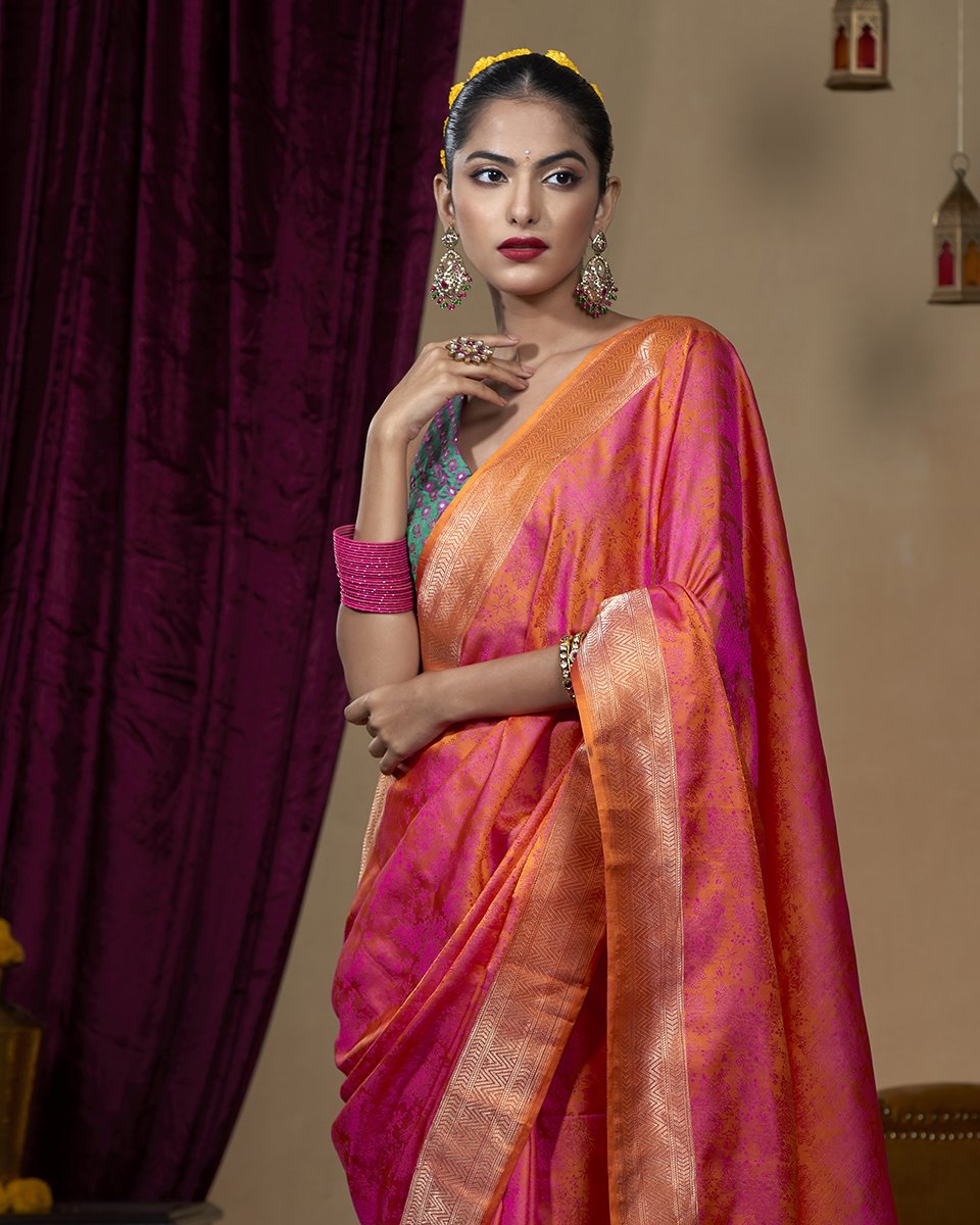 Orange_Handloom_Pure_Katan_Silk_Tanchoi_Banarasi_Saree_With_Pink_Intricate_Jaal_WeaverStory_01