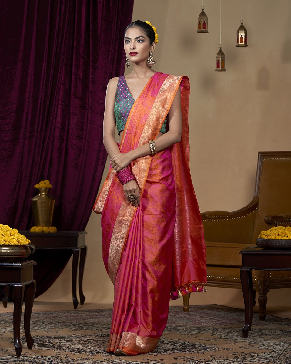 Orange_Handloom_Pure_Katan_Silk_Tanchoi_Banarasi_Saree_With_Pink_Intricate_Jaal_WeaverStory_02