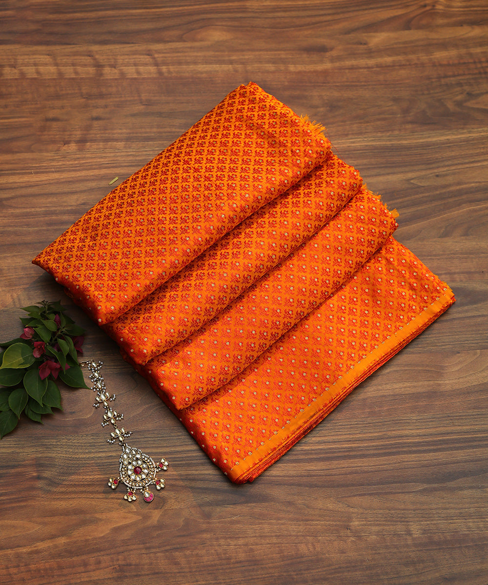 Orange Handloom Pure Katan Silk Tanchoi Banarasi Fabric With Zari Booti