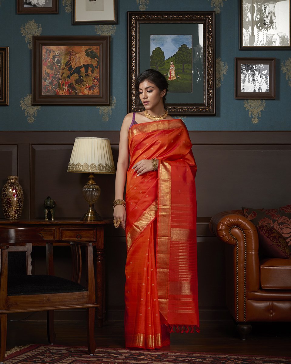Orange_Handloom_Pure_Silk_Kanjivaram_Saree_with_Gold_Zari_Motifs_WeaverStory_02