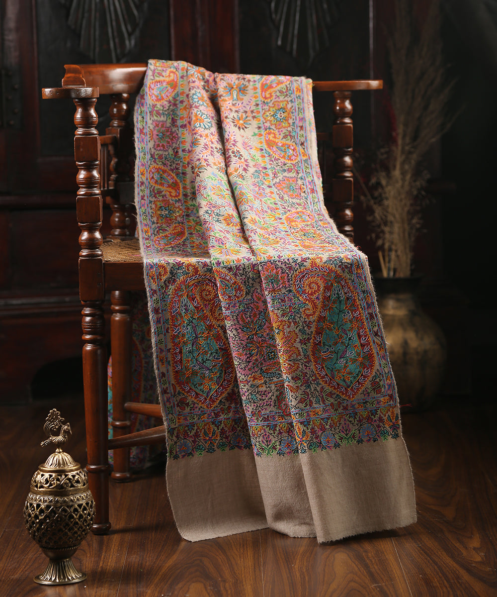 Beige_Handwoven_Pure_Pashmina_Shawl_Multicolor_Embroidery_work_WeaverStory_01