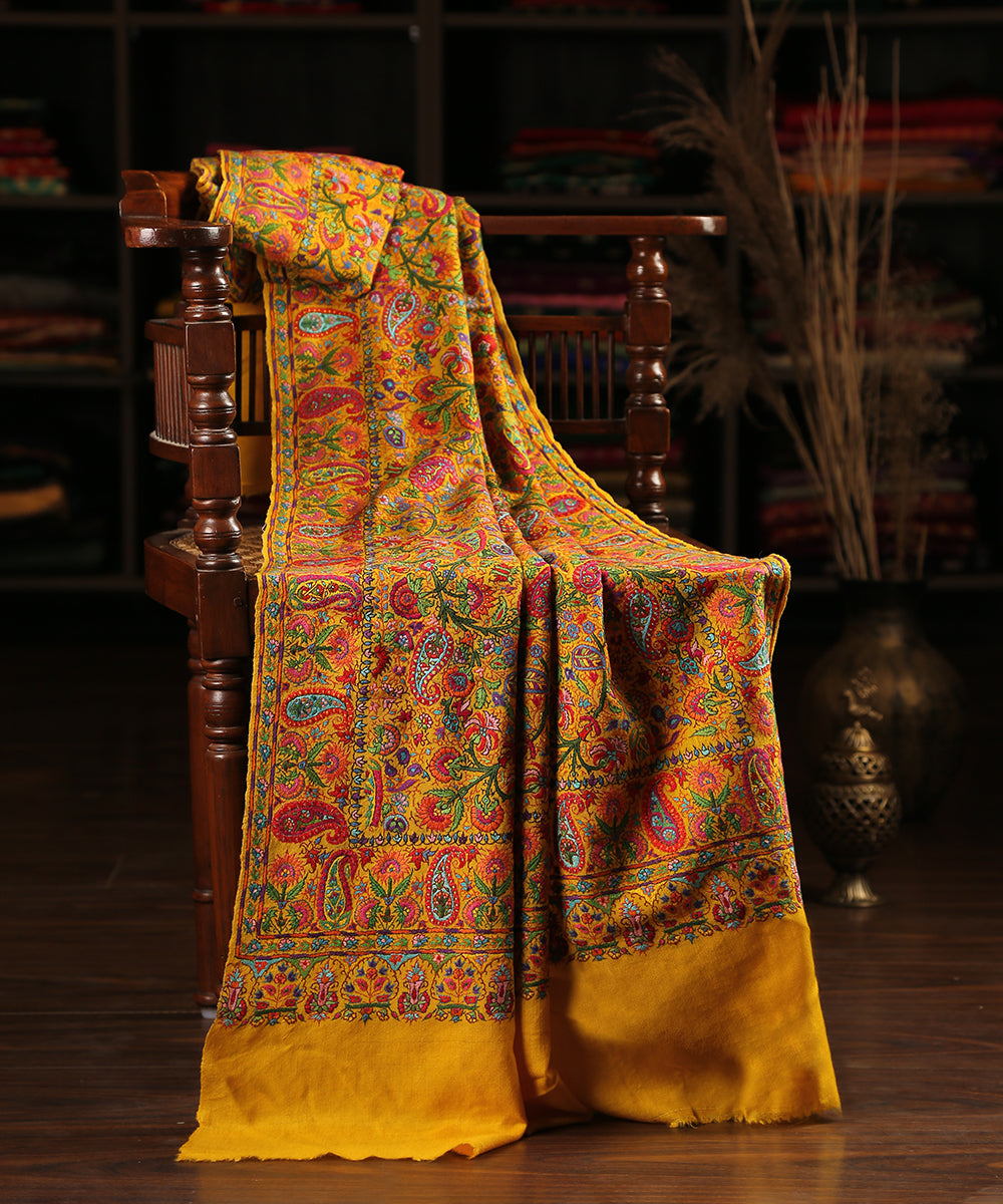 Yellow_Handwoven_Pure_Pashmina_Shawl_With_Red_And_Green_Resham_Bharan_Embroidery_WeaverStory_01