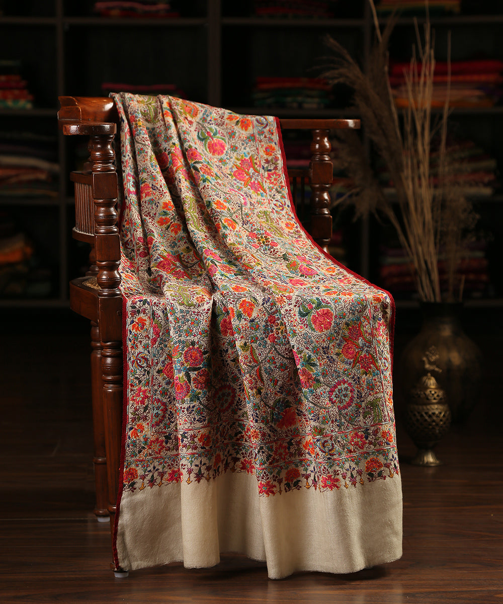 Offwhite_Pur_Pashmina_Shawl_With_Multicolor_Bharan_Embroidery_And_Red_Piping_WeaverStory_01