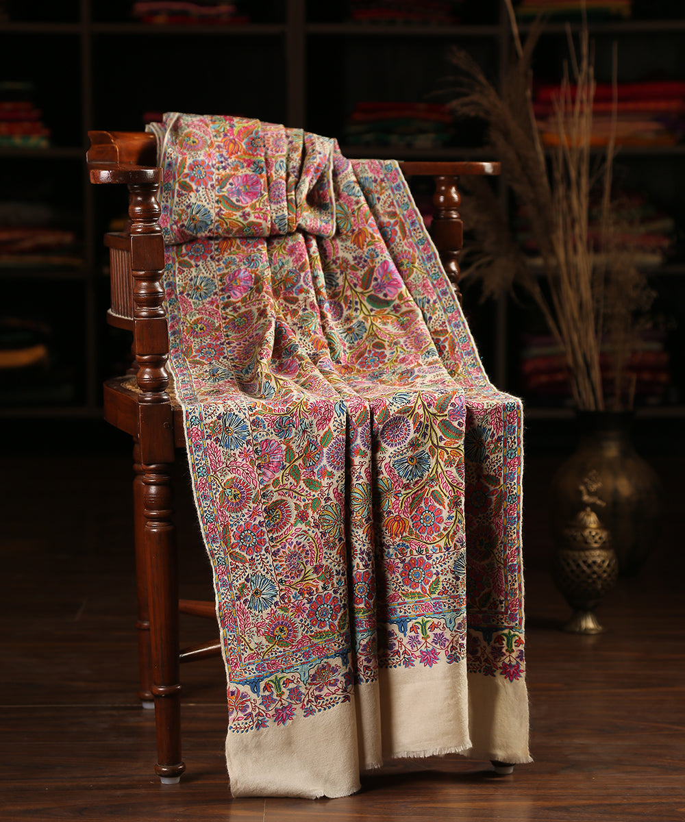 Cream Handwoven Pure Pashmina Shawl With Kalamkari And Reshmi Aari Embroidery