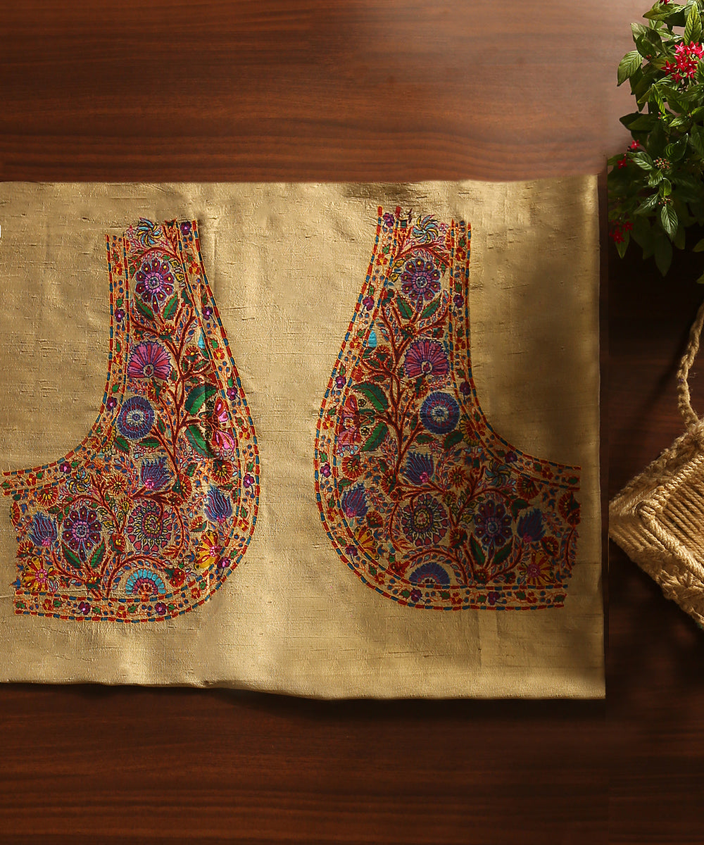 Ivory_Raw_Silk_Hand_Embroidered_Blouse_Fabric_With_Colorful_Flowers_And_Sozni_Kari_And_Kalamkari_WeaverStory_01