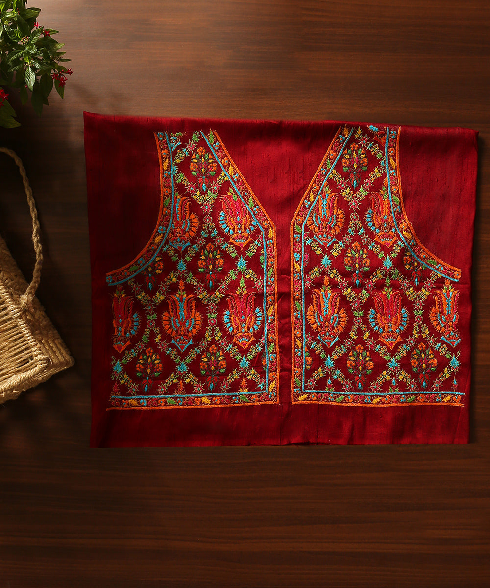 Maroon_Raw_Silk_Hand_Embroidered_Blouse_Fabric_With_Colorful_Paisley_And_Toher_Design_WeaverStory_01