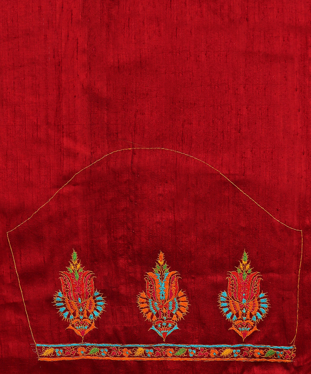 Maroon_Raw_Silk_Hand_Embroidered_Blouse_Fabric_With_Colorful_Paisley_And_Toher_Design_WeaverStory_05