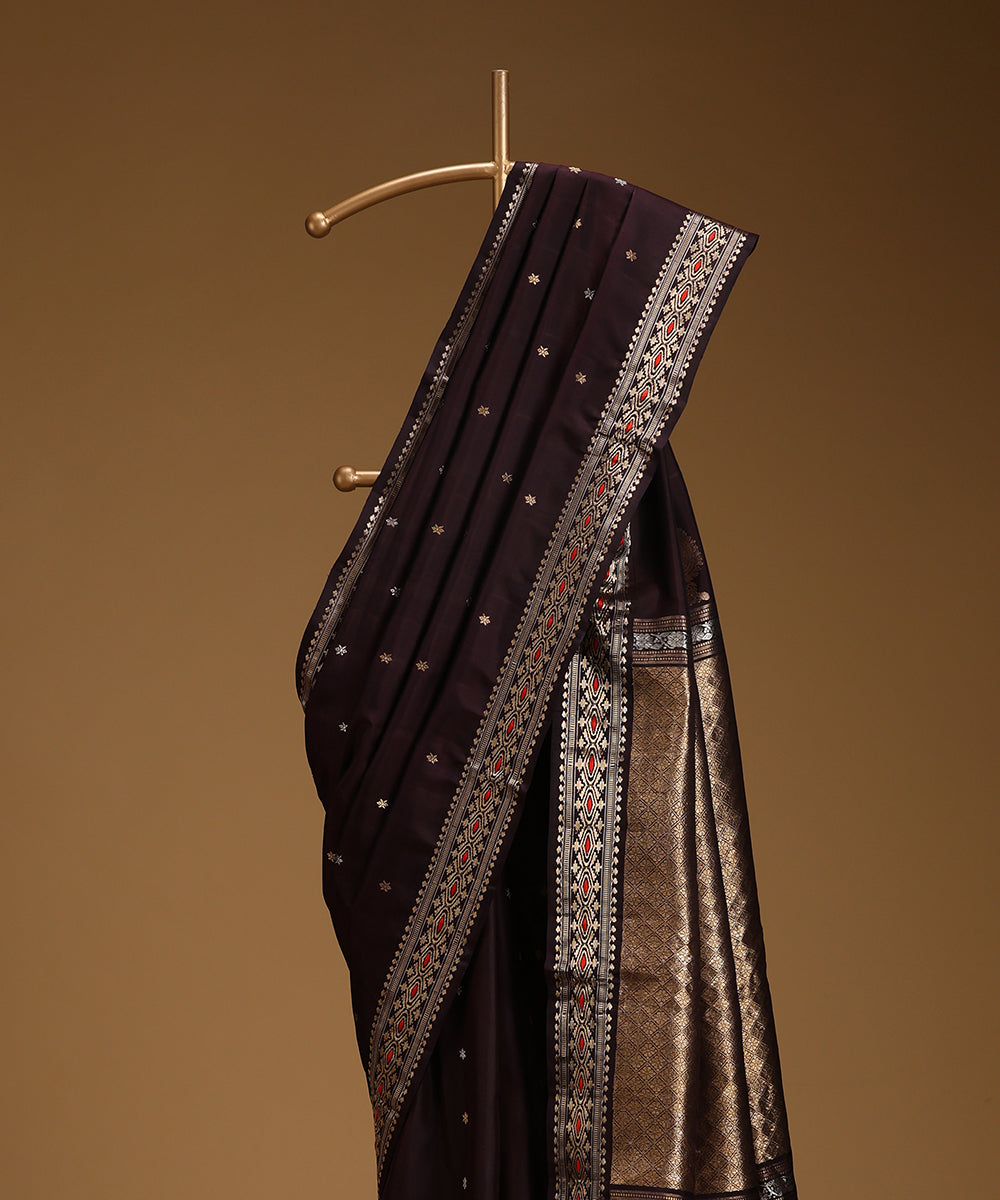Dark_Wine_Pure_Mulberry_Silk_Saree_With_Gold_Zari_Border_And_Red_Meenakari_And_All_Over_Floral_Motifs_WeaverStory_02