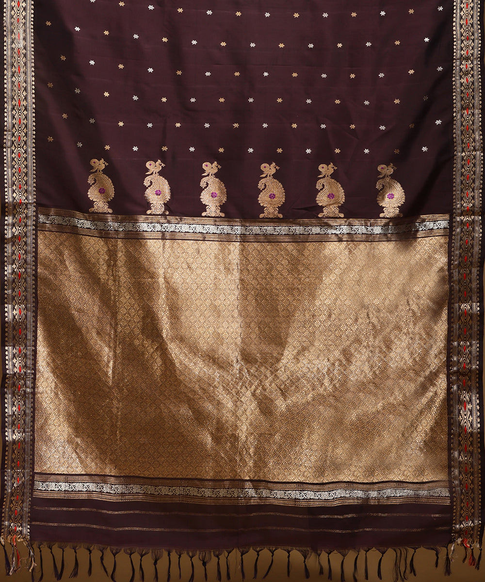 Dark_Wine_Pure_Mulberry_Silk_Saree_With_Gold_Zari_Border_And_Red_Meenakari_And_All_Over_Floral_Motifs_WeaverStory_05