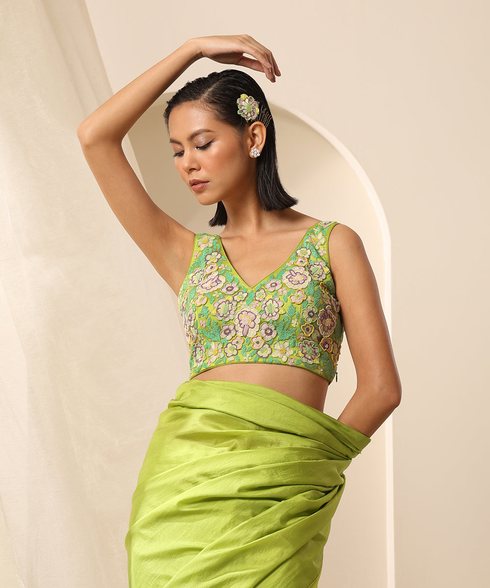 Lime_Green_V-Neck_Sleeveless_Net_Blouse_With_Beaded_Embroidery_WeaverStory_02