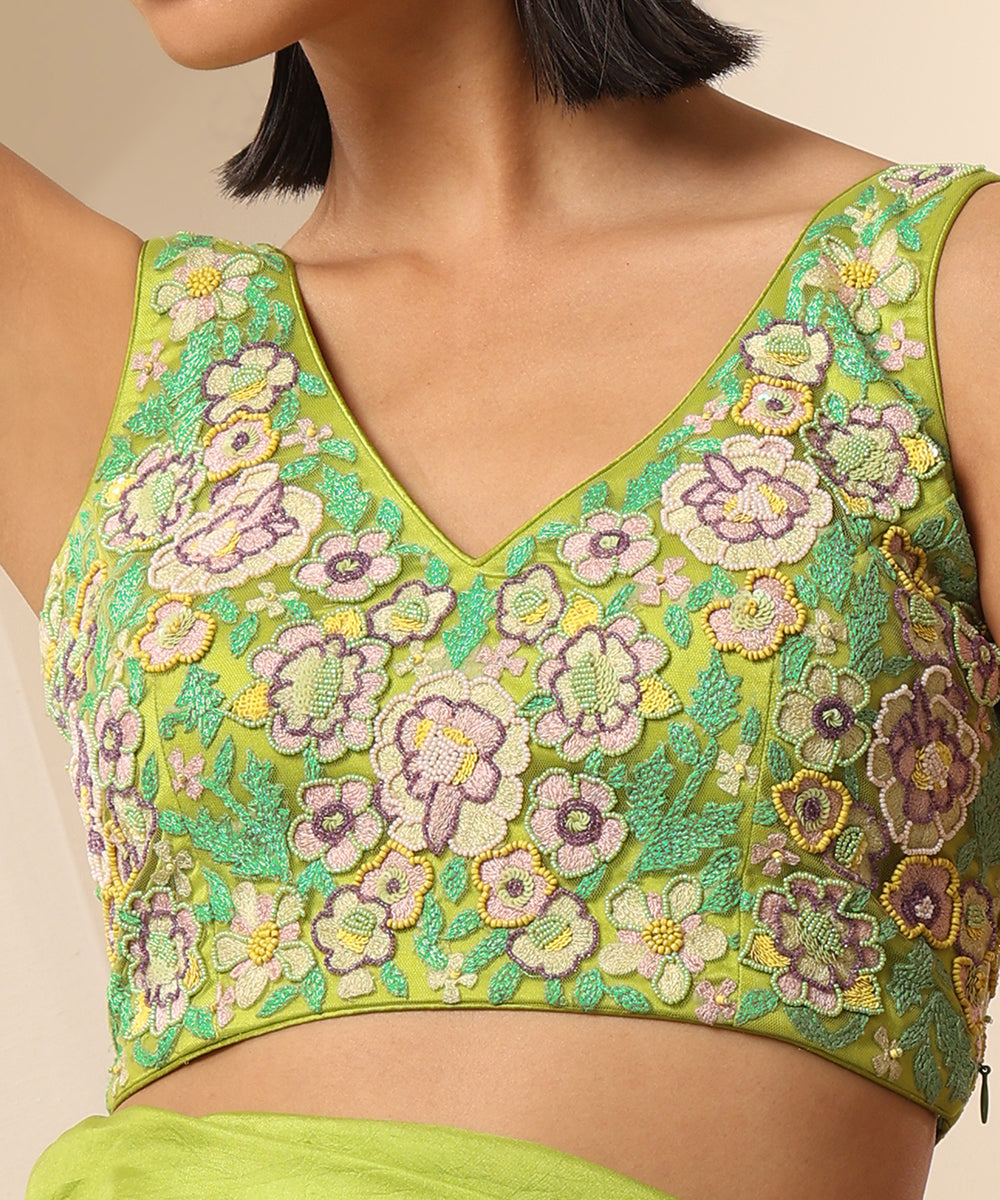 Lime_Green_V-Neck_Sleeveless_Net_Blouse_With_Beaded_Embroidery_WeaverStory_04
