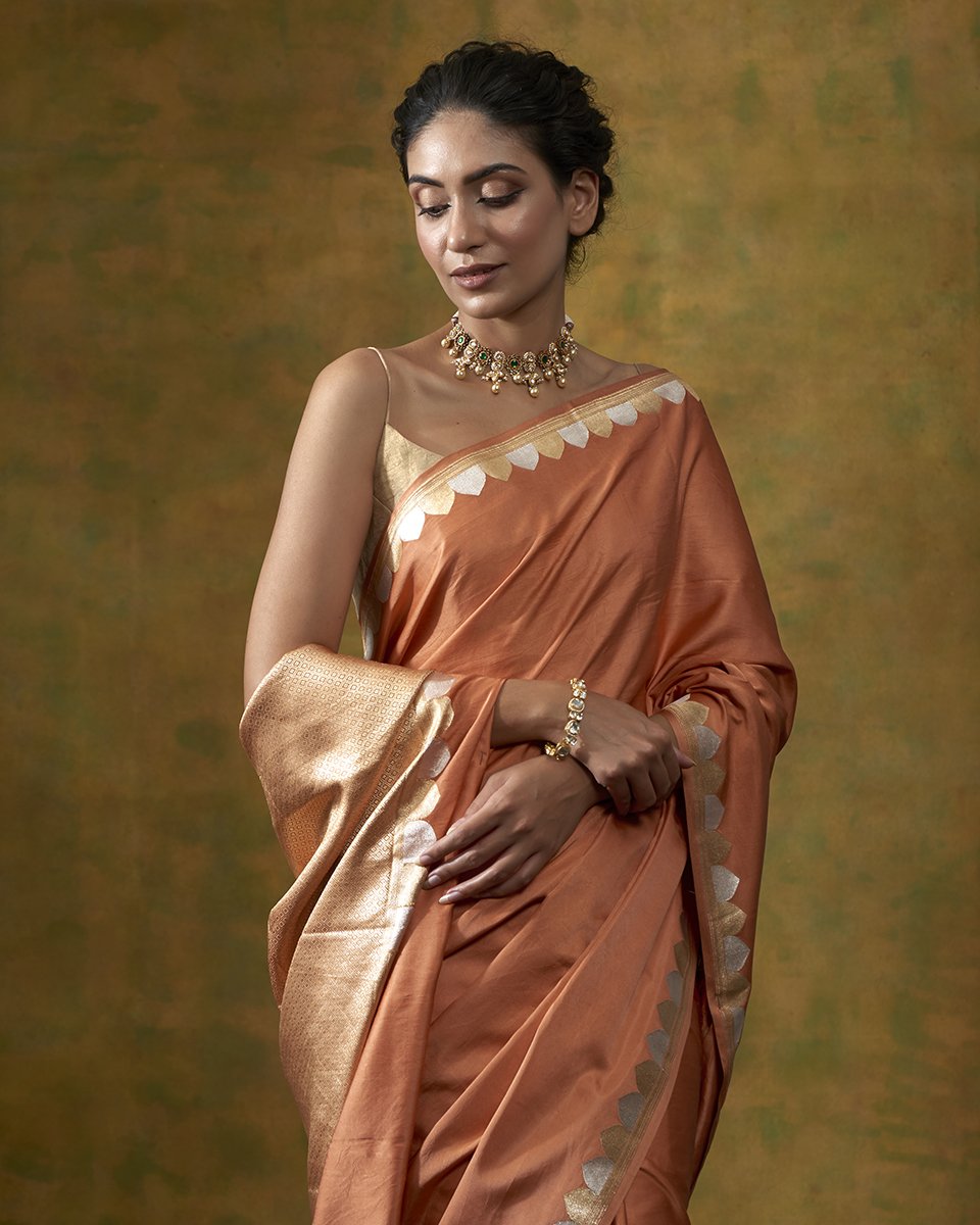 Exquisite rust Cotton plain saree with line Ajrakh border – Sujatra