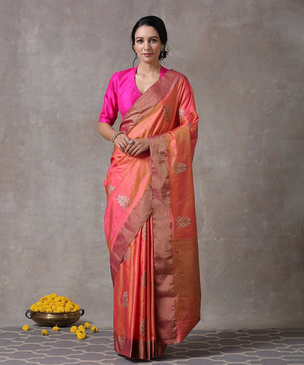 Peach_Handloom_Pure_Katan_Silk_Banarasi_Saree_with_Silver_Leaf_Booti_and_Antique_Zari_Border_WeaverStory_01