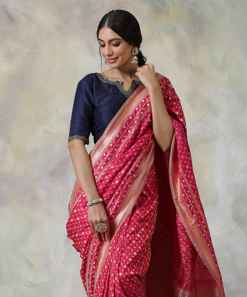 Pink_Handloom_Pure_Katan_Silk_Banarasi_Saree_with_Cutwork_Jamdani_Weaving_WeaverStory_01