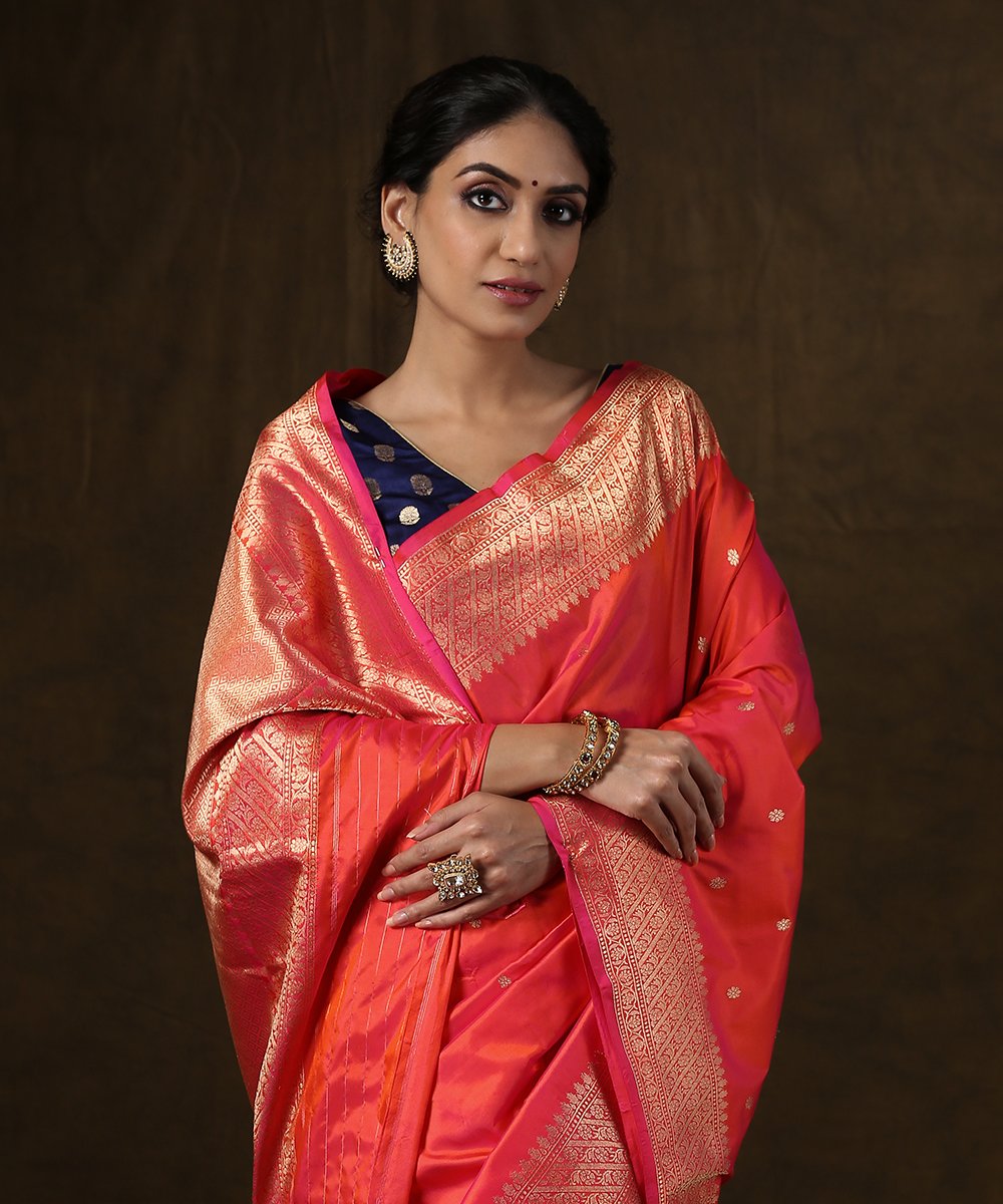 Pink_Handloom_Dual_Tone_Antique_Zari_Booti_Banarasi_Saree_With_Heavy_Blouse_WeaverStory_01