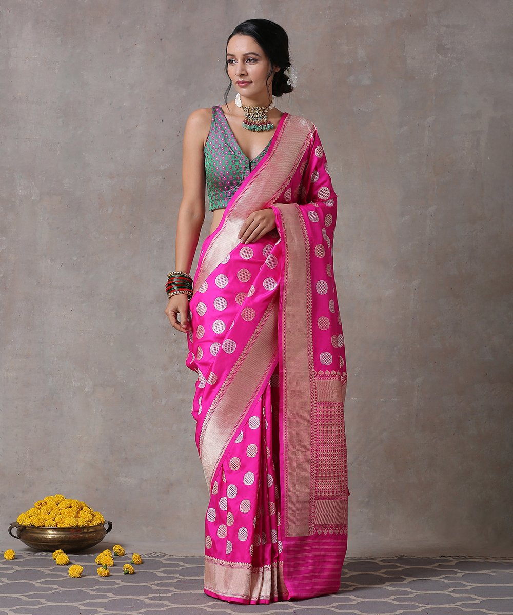 Pink_Handloom_Pure_Katan_Silk_Banarasi_Saree_with_Kadhwa_Jaal_and_Big_Polka_Dots_WeaverStory_01