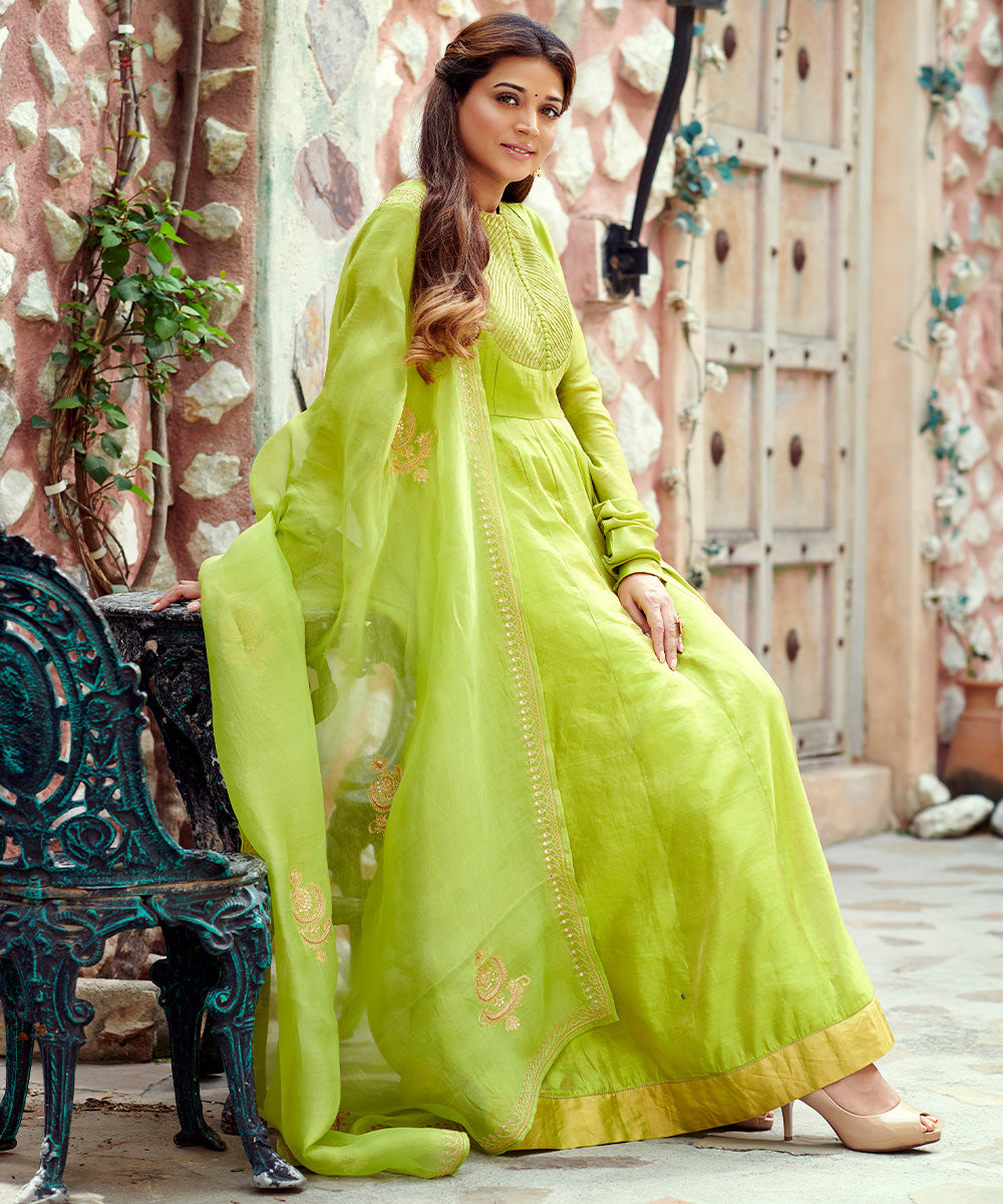 Parrot Green Handloom Anarkali Suit Set with Churidar and Embroidered Organza Dupatta