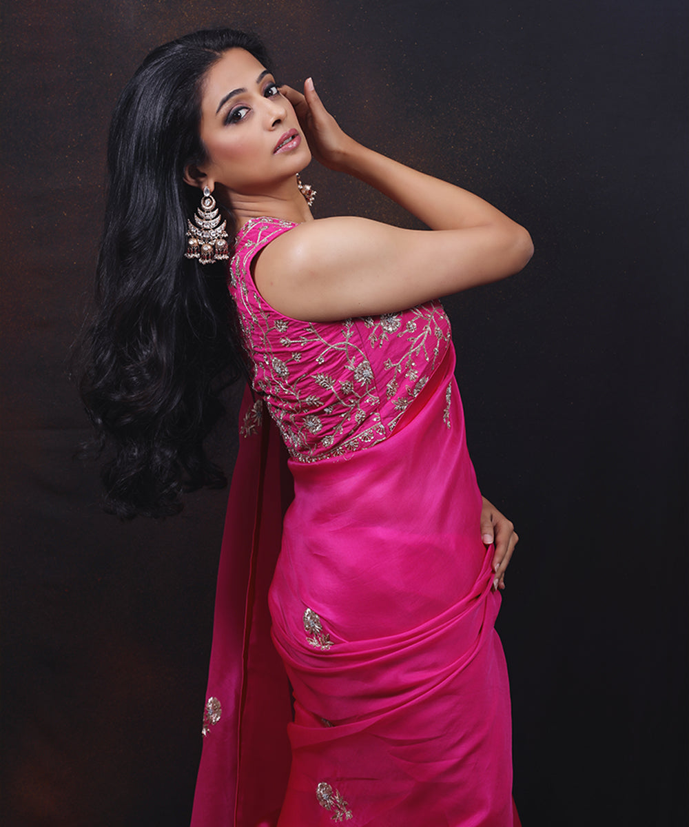 Hot Pink Handloom Embroidered Organza Saree With Raw Silk Blouse
