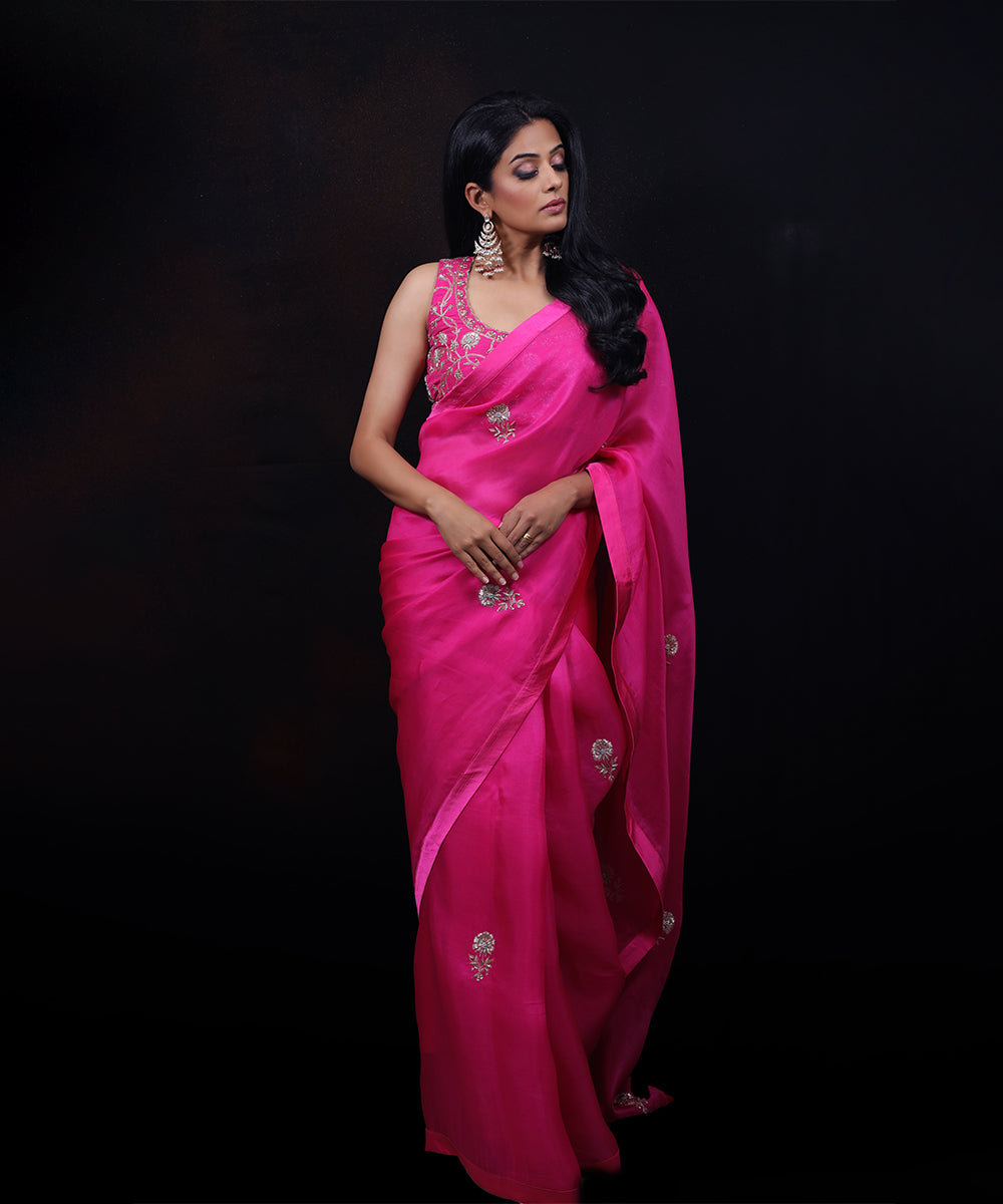 Hot Pink Handloom Embroidered Organza Saree With Raw Silk Blouse