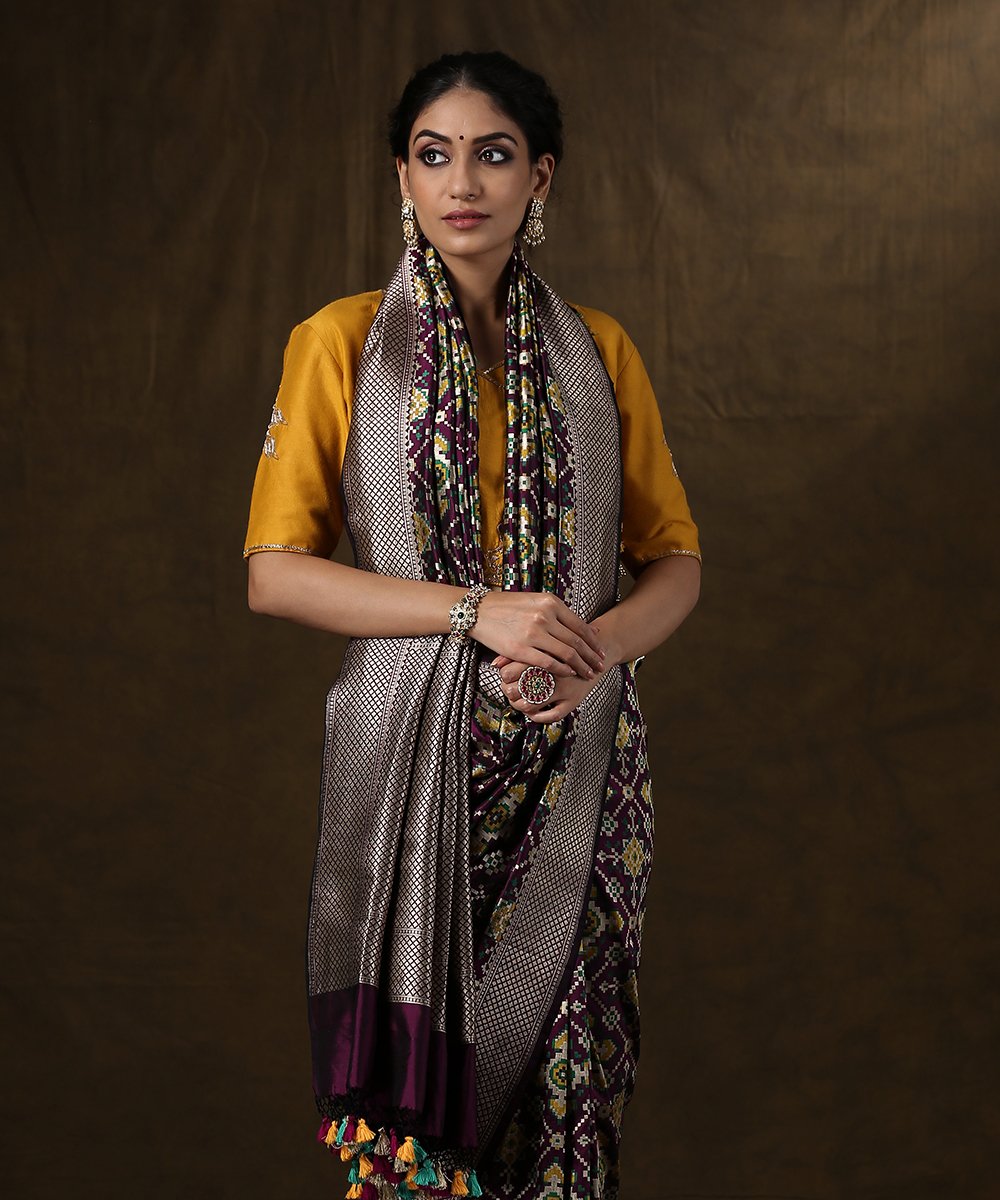 Purple_Double_warp_Banarasi_Patola_Saree_With_Green_And_Mustard_Meenakari_WeaverStory_01
