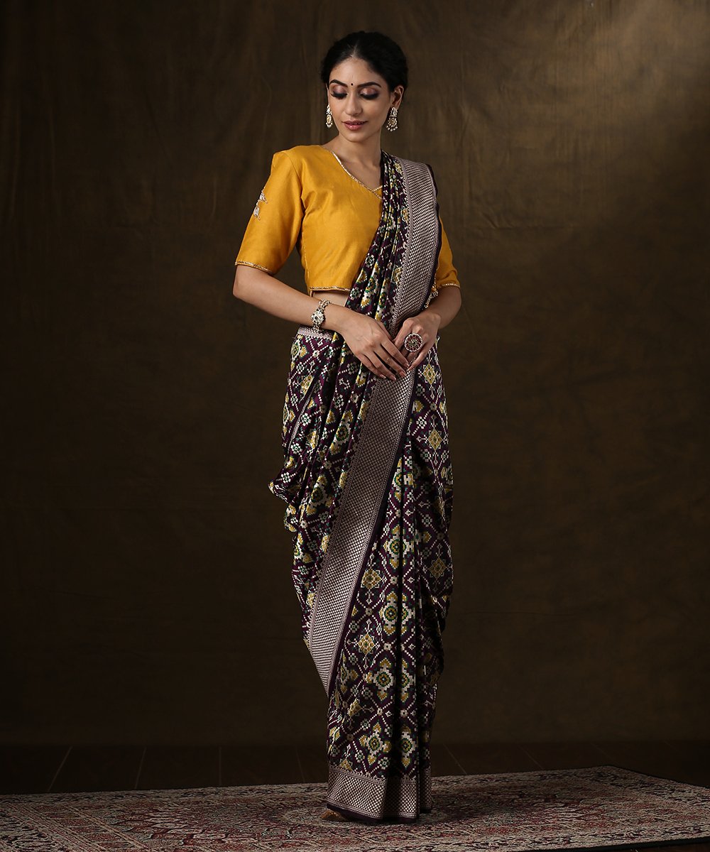 Purple_Double_warp_Banarasi_Patola_Saree_With_Green_And_Mustard_Meenakari_WeaverStory_02
