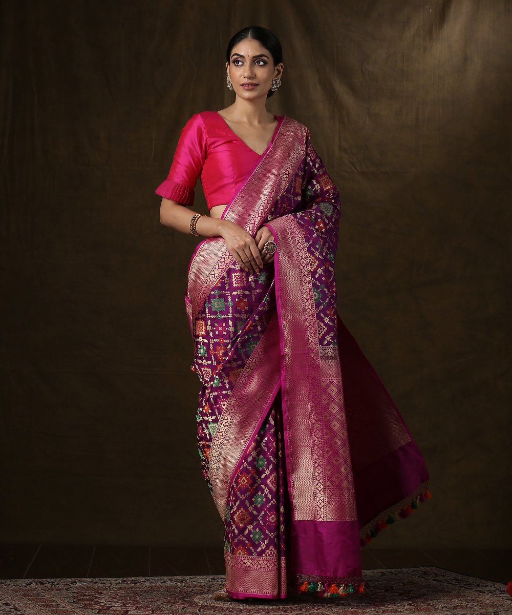 Purple_Handloom_Banarasi_Patola_Saree_With_Pink_Border_WeaverStory_02