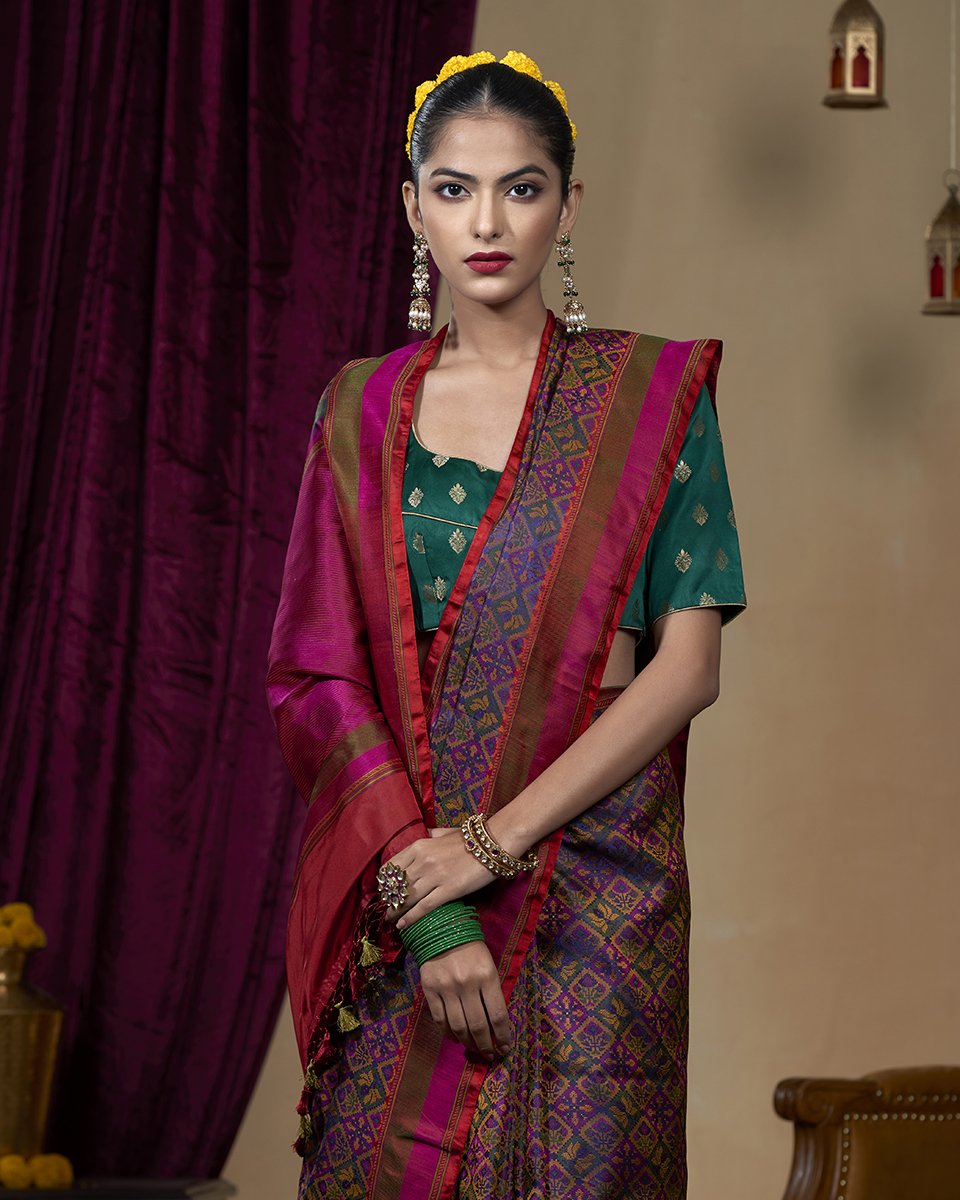 Purple_Handloom_Pashmina_Jamawar_Banarasi_Saree_Pure_Katan_Silk_With_Green_And_Pink_Reshmi_Border_WeaverStory_01