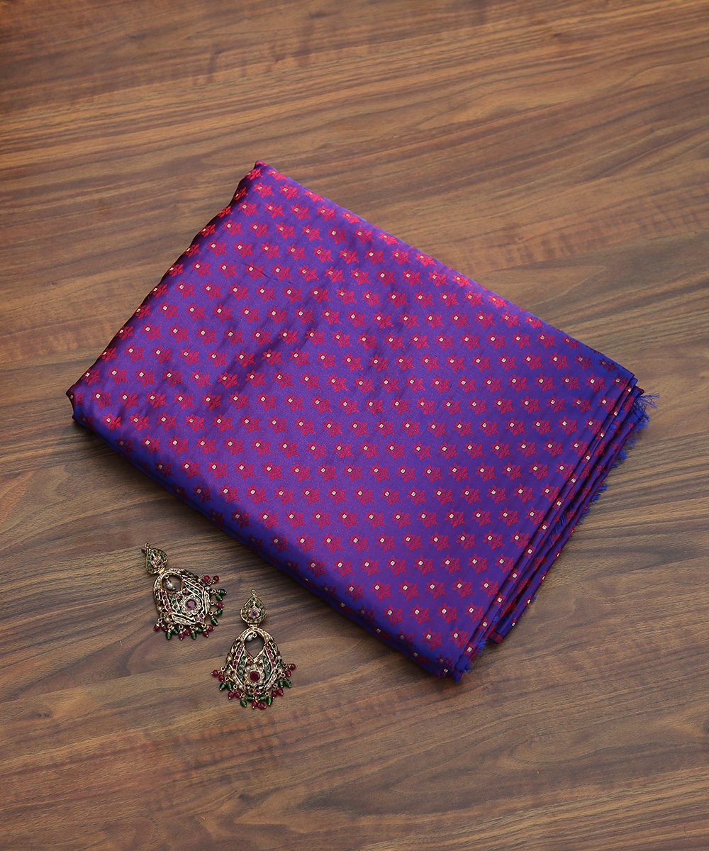 Purple_Handloom_Pure_Katan_Silk_Zari_Booti_Tanchoi_Fabric_with_Pink_Floral_Booti_WeaverStory_01